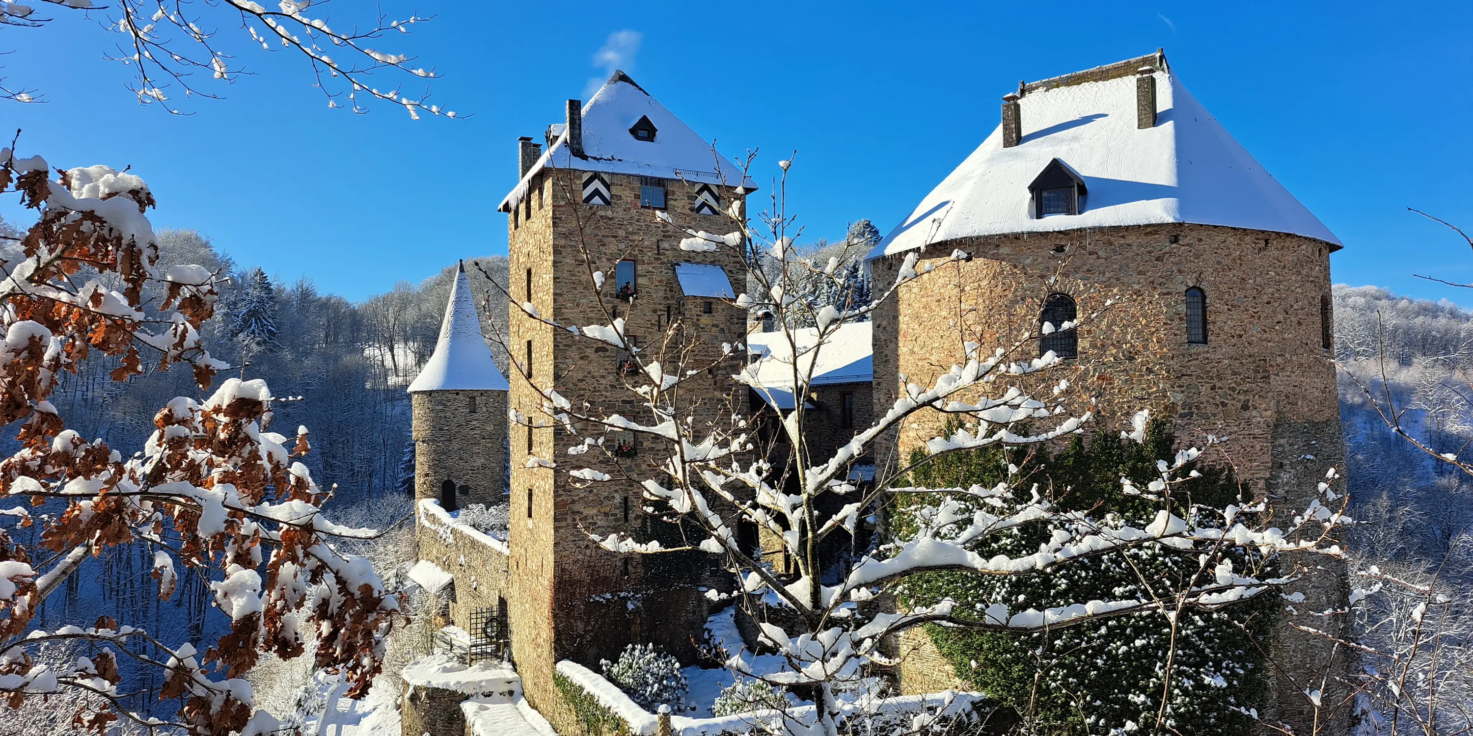 Vue du Château de Reinhardstein, une forteresse médiévale située au cœur des forêts ardennaises dans plateau des Hautes Fagnes en Province de Liège.