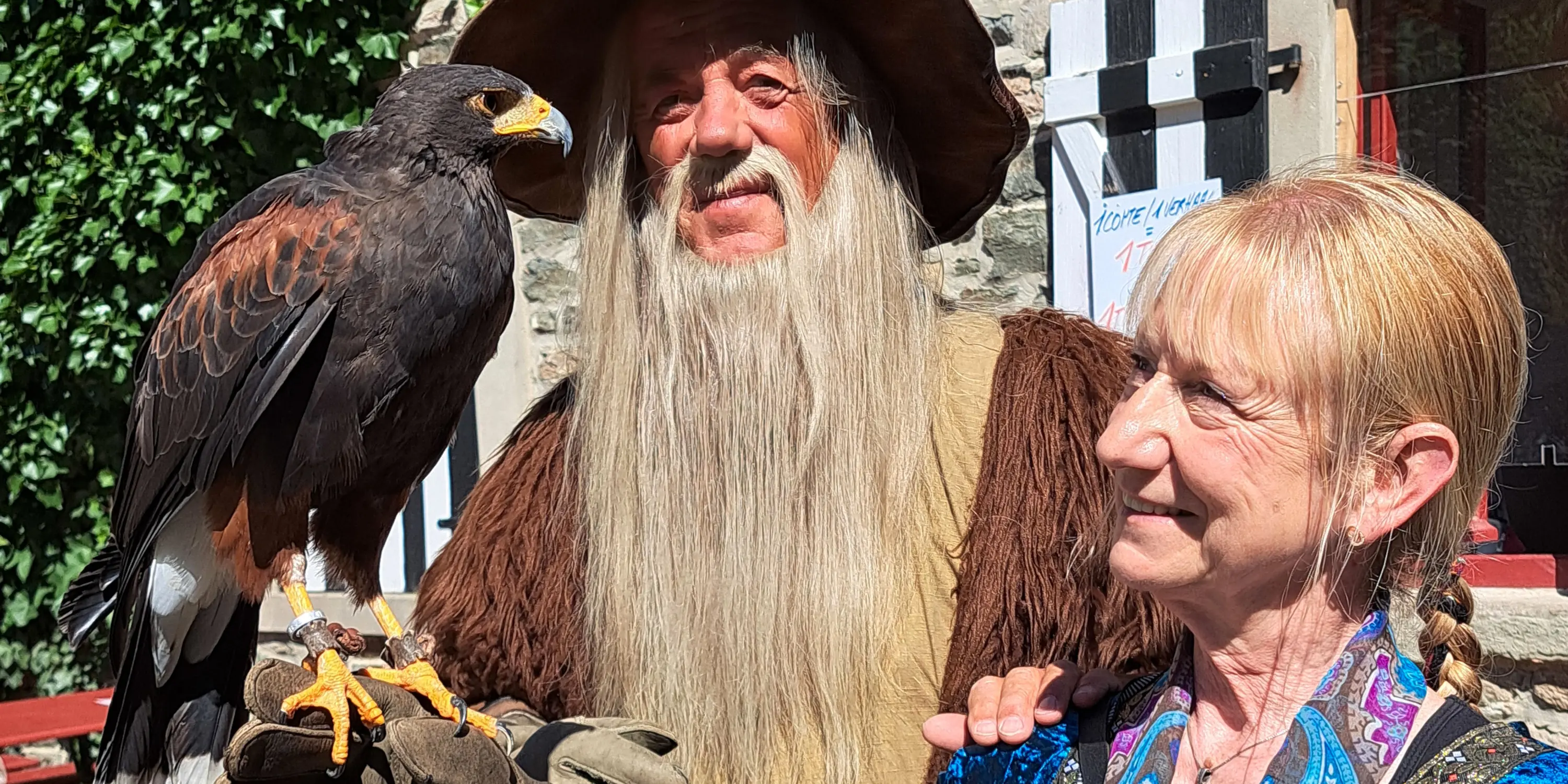 Fauconnier en habit du Moyen Âge portant sur sa main une buse de Harris devant la burghaus du château de Reinhardstein lors d’une animation médiévale, avec à sa droite Madame Andrée Deblond, guide au château de Reinhardstein, en tenue d’époque.