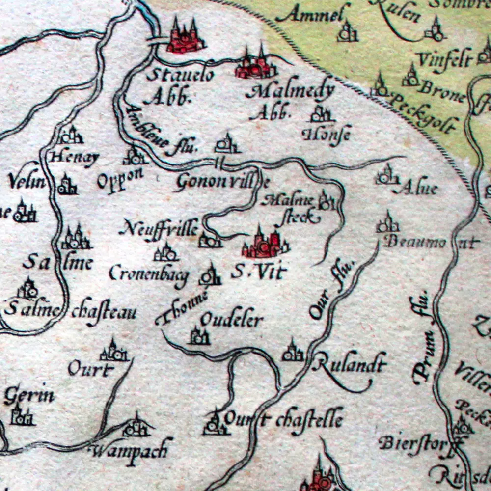 Carte géographique de 1589, exposée à la Blanche Maison à Nisramont, provenant du Theatrum Orbis Terrarum créé par Abraham Ortelius, le premier atlas jamais édité, qui montre le duché de Luxembourg au XVIe siècle.
